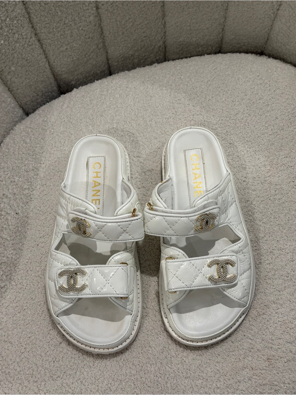 CHANEL White Quilted Double-Strap Slide Sandals with Gold CC